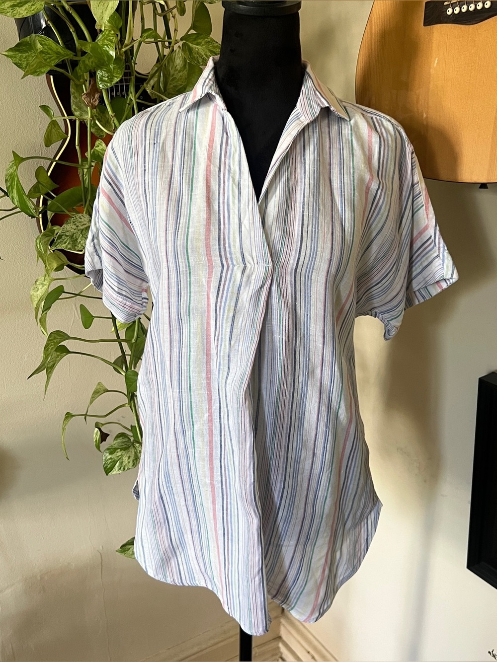 Lands End 100% Linen Striped Sleeveless Tunic White Multi Size S/M